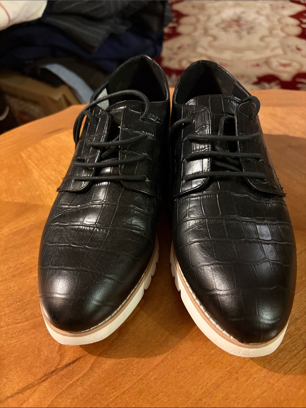 Croc-Embossed Black Women's Derby Oxfords with White Sole